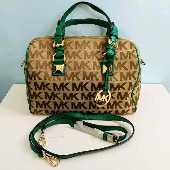 Michael Kors Brown Signature Greyson Satchel with Green Convertible Straps - Picture 1 of 9